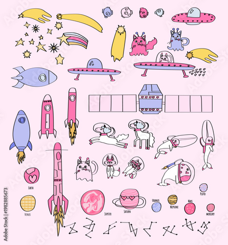 Cute Hand Drawn Space Elements Collection with Animals and Planets