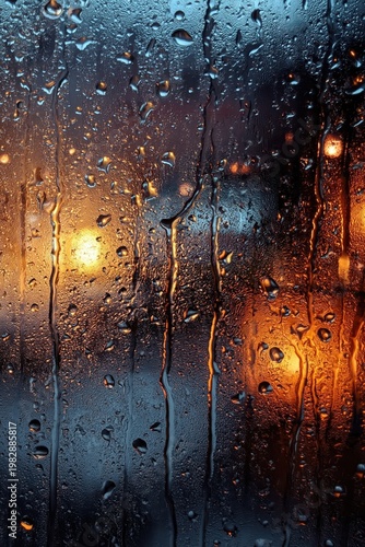 Rain falls on a window with blurred lights in the background at night showing city life and weather conditions