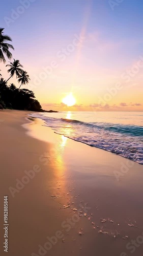 Empty tropical beach with soft rolling waves and pastel sunrise sky