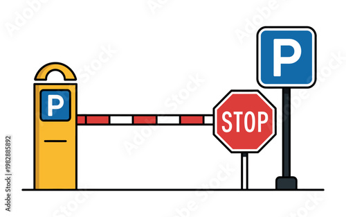 A parking lot entrance with a stop sign and a parking meter