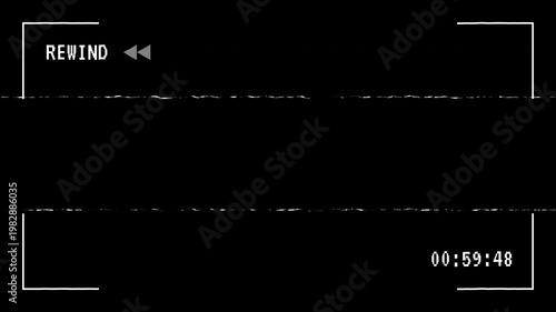 Old Damaged VHS Tape Rewind Glitch Screen Overlay with Alpha Channel, Static Noise, Retro VCR Interface, and Distortion