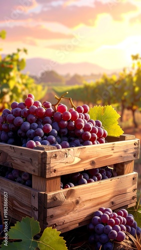 A serene vineyard scene at sunset with a wooden crate overflowing with purple grapes