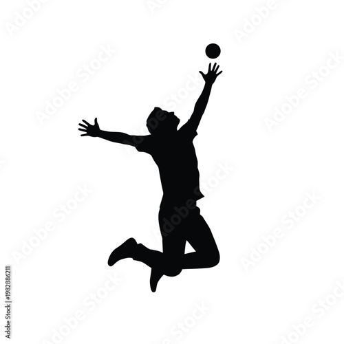 Silhouette of a person jumping to catch a ball.