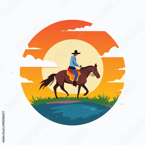 Cowboy riding horse silhouette against sunset landscape circle design