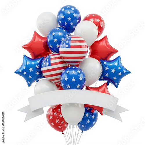 Patriotic american balloons with white banner on isolated transparent background
