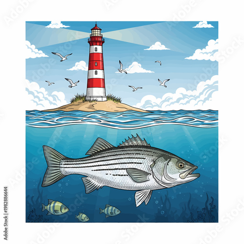 Striped bass swimming underwater with a lighthouse on an island in the background.