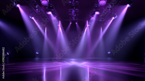 Background of empty room with spotlights and lights, abstract purple background with neon glow