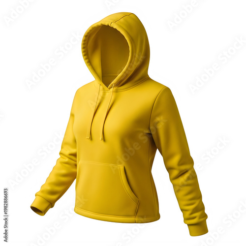 Bright yellow hoodie with front pocket and drawstring hood isolated on white background