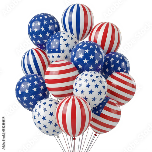 Bunch of red, white, and blue star and stripe pattern balloons for celebration isolated on transparent background