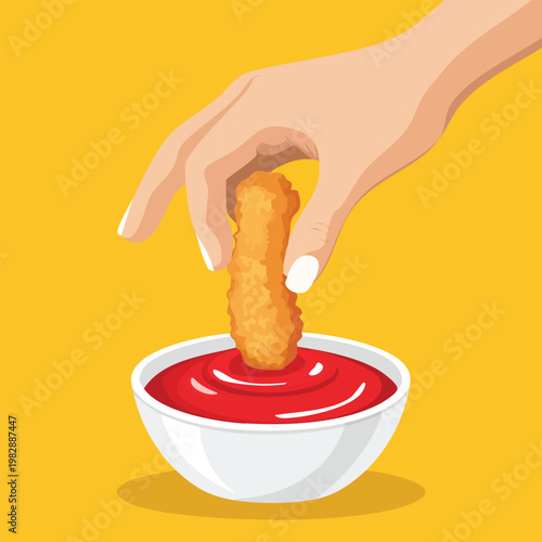 Hand dipping a crispy chicken nugget into a bowl of red tomato sauce