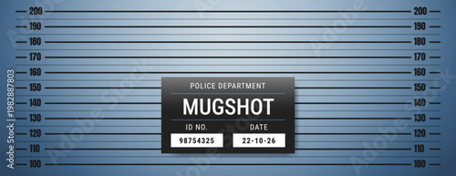 Police mugshot lineup background with height measurement scale, prison mug dark wall for criminal identification, arrest and suspect portrait. Vector striped backdrop with inch and centimeter chart