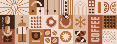 Abstract geometric coffee pattern with beans, hot drink cups, with drops, leaves, bauhaus elements simple shapes. Vector minimalist seamless background, design template for cafe cover, menu, packaging