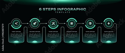 Timeline dark infographic template with 6 step journey and neon green elements. Modern business presentation graph, editable vector with icons, ideal for workflow, data visualization design.