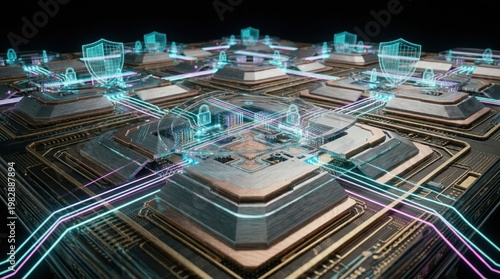 Trusted compute chip cluster with secure data links showcasing AI security infrastructure and semiconductor protection