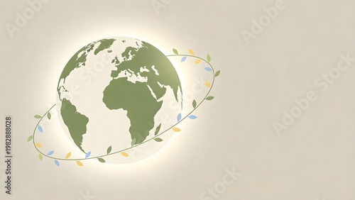Green globe illustration showing a world surrounded by a delicate vine with colorful leaves representing nature and global sustainability efforts