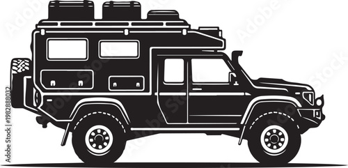 Off-road camper van, recreational vehicle, black silhouette, vector illustration, outdoor adventure, travel trailer