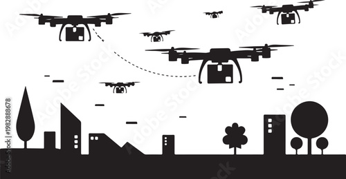 Drone, cityscape, silhouette, black, vector graphics, 8 drones