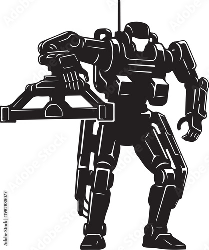 Black robot, futuristic mech, sci-fi character, vector illustration