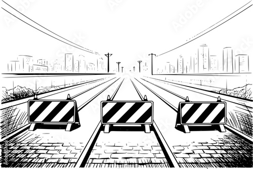 Black and White Striped Road Barriers Train Tracks Leading to City Skyline construction