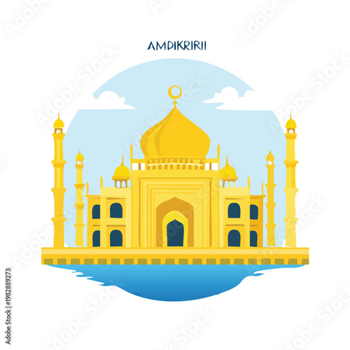 Golden mosque illustration with minarets on light blue background