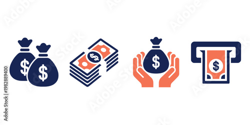 Flat design style money and finance icons set with dollars and hands