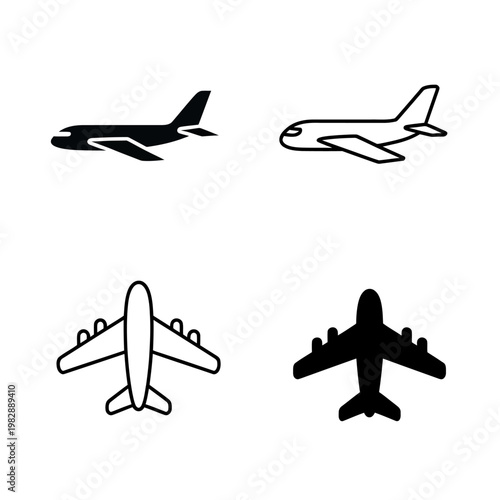 Collection of stylized airplane icons for travel and aviation graphic design projects