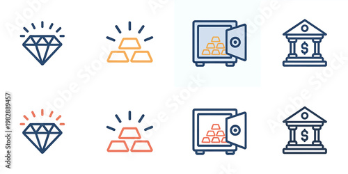 Line icons of bank safe gold bars and diamond on white background