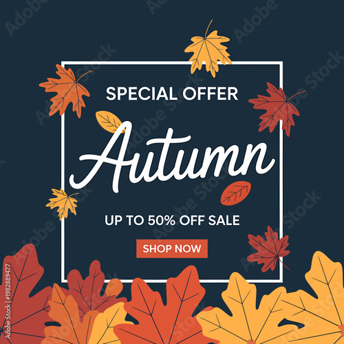 Autumn special offer sale up to fifty percent off seasonal promotion with leaves