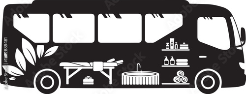 Black bus icon, food truck design, kitchen vehicle, catering transport