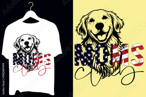 A person using a laptop computer at a modern wooden desk with a green plant and a cup of coffee nearby in bright home Patriotic Golden Retriever Moms Typography T-Shirt Design with American Flag Dog ,