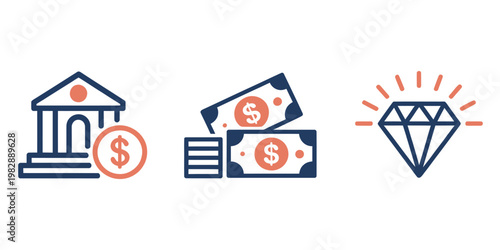 Financial icons including bank building money and diamond symbol