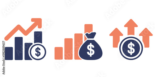 Business finance growth icons with dollar signs and arrows  financial charts and money bag
