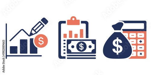 Financial icons with graphs money and calculator on white background