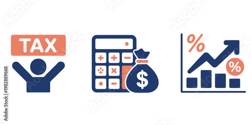 Business finance and tax icons with calculator and money bag and graph