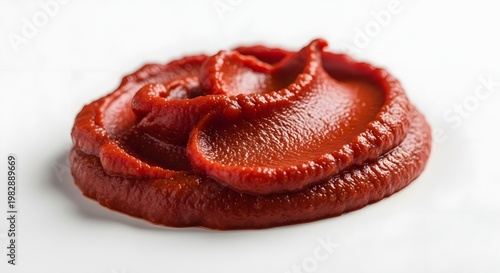 Close up of vibrant red tomato paste swirl against white background