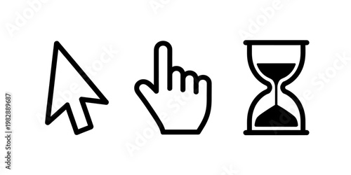 Computer mouse cursor hand hourglass icons on white background