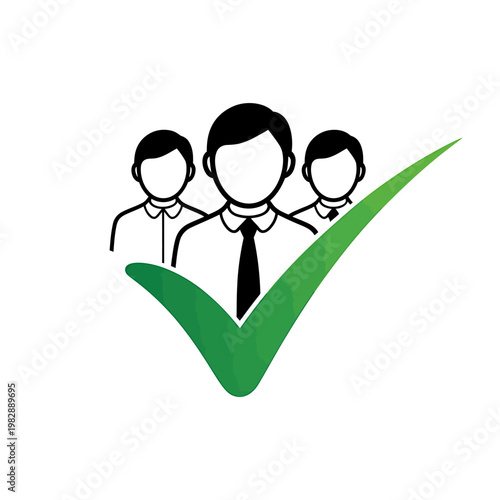 Green checkmark with three faceless people icons in business attire standing together