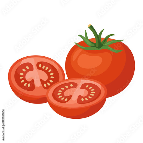 Fresh red tomato and sliced tomato pieces with green leaves on white background