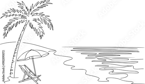 Minimalist black and white line of a tropical beach scene with palm tree and lounge chair