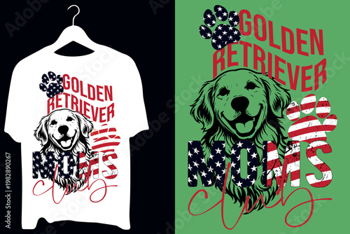 A person using a laptop computer at a modern wooden desk with a green plant and a cup of coffee nearby in bright home Patriotic Golden Retriever Moms Typography T-Shirt Design with American Flag Dog ,