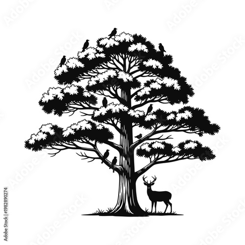 Silhouette of a majestic tree with birds and a deer, symbolizing nature's harmony and the beauty of wildlife in a serene forest setting
