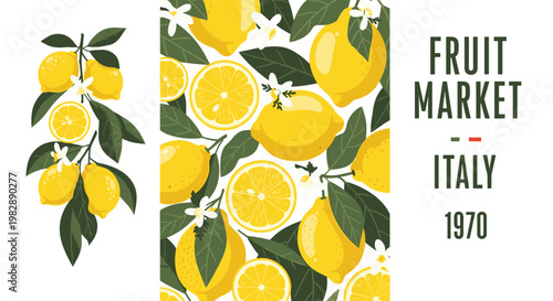 Vintage style poster for an Italian fruit market featuring fresh lemons on a branch and a seamless lemon pattern.
