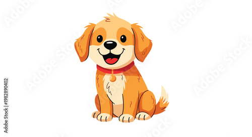Adorable small golden puppy with a red collar sitting and smiling happily against a plain white background.