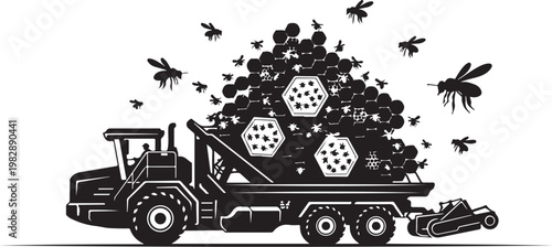 Black and white bee hive, honeycomb, bees, and tractor vector illustration, agricultural, insect, farming concept