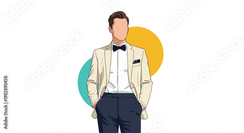 Confident man in a tan blazer and black bowtie posing with hands in pockets against an abstract colored circle backdrop.
