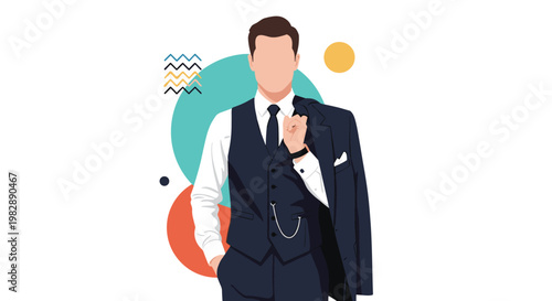 Sophisticated man in a navy blue three-piece suit holding a jacket over his shoulder against a minimalist abstract background.