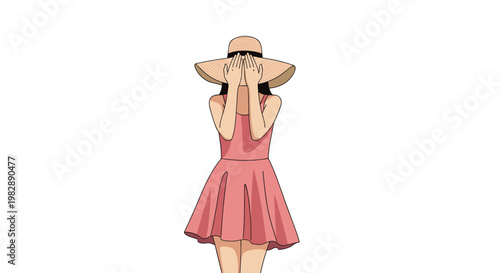Young woman in a summer pink dress and wide-brimmed straw hat covering her face with her hands against a white background.