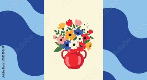 Vibrant illustration of a colorful bouquet of flowers in a red ceramic vase set against a blue wavy abstract background.
