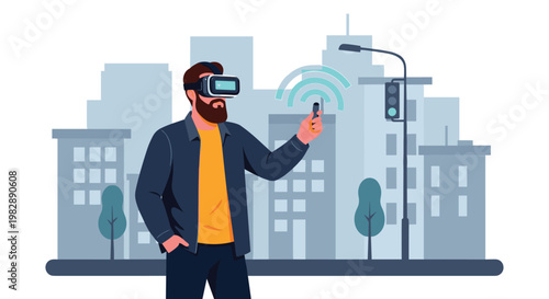 Man explores a virtual reality city environment wearing a vr headset and holding a wireless controller for immersive gaming.