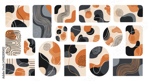 Abstract organic shapes and geometric forms are arranged in a modern composition using a warm earth tone color palette.